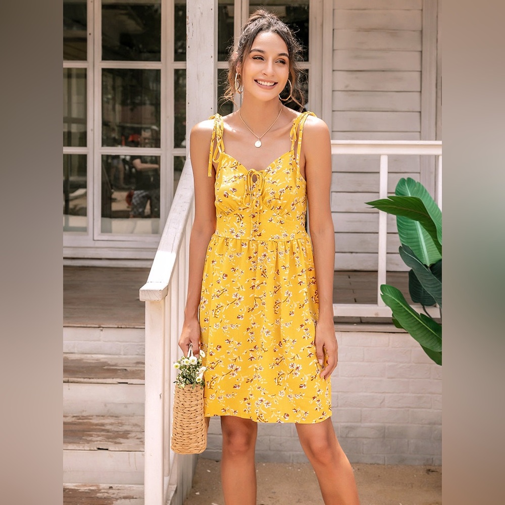 Peary Alley 💛 Tie Shoulder Shirred Back Floral Dress